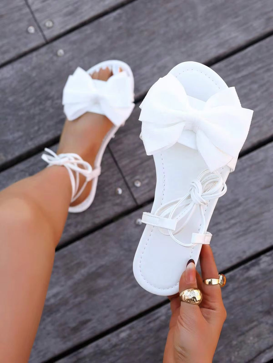YuanQian New Women's Flat Bow Banquet Shoes, Roman Style Flat Sandals, Wedding Beach Vacation Elegant Cross Strap Sandals, White