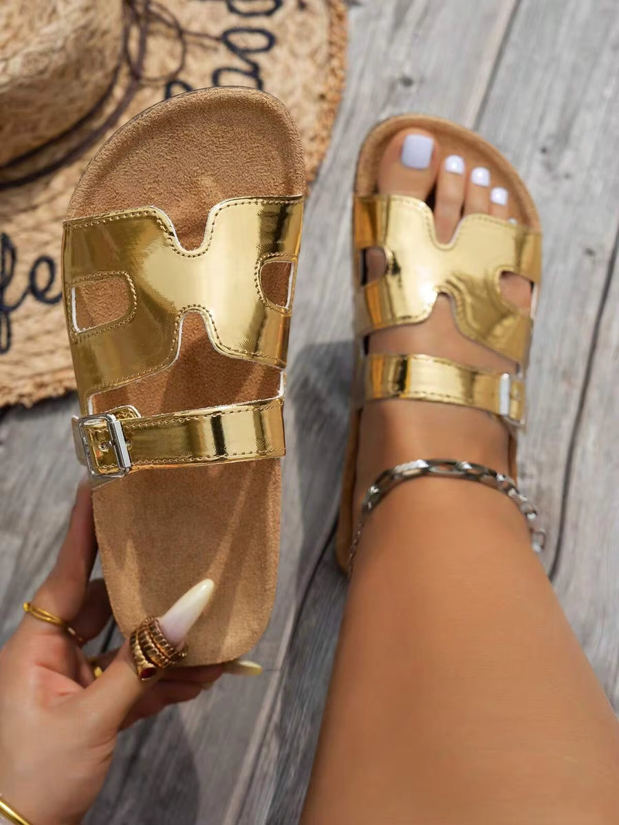 2026 New Summer Women's Soft Cork Insole Sandals, Luxury Gold Strap Adjustable Buckle Slippers